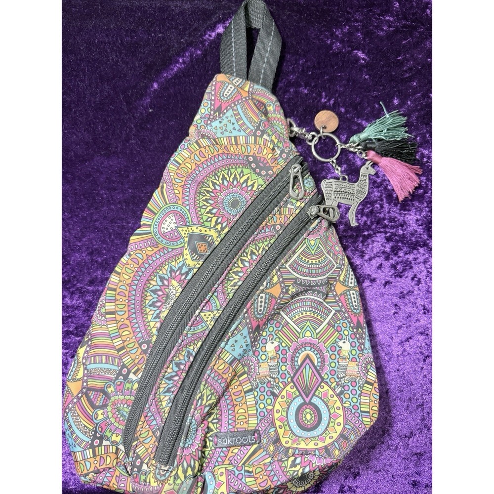 SakRoots On The Go Sling Pack Rainbow Wanderlust Llama Tassel Bag Charm Backpack